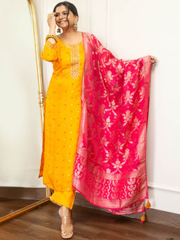 Libas - Women Mustard Silk Embroidered Kurta with Pant and Dupatta (Set of 3)
