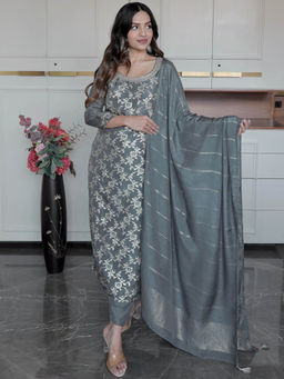 Libas - Women Grey Silk Blend Woven Kurta with Pant and Dupatta (Set of 3)