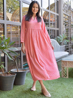 Libas - Pink Bandhani Printed with Front Slit One Sided Pocket Fit & Flare Maxi Dress