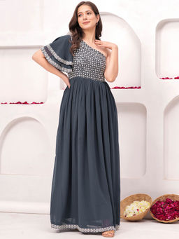 Libas - Grey Embroidered One Shoulder Gown