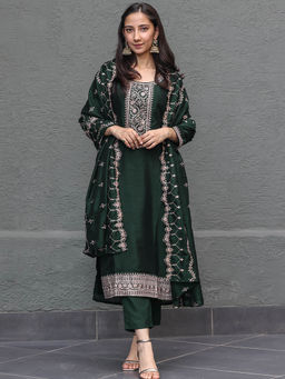 Libas - Women Kurta and Trousers with Dupatta Green (Set of 3)