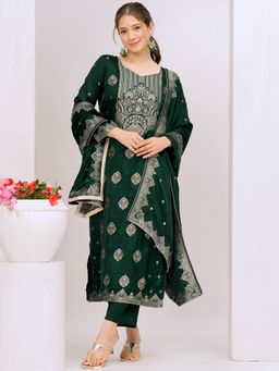 Libas Art - Green Embroidered Straight Silk Kurta with Trousers and Dupatta (Set of 3)