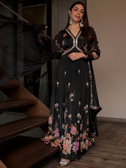 Libas Art - Women Black Floral Printed Flared Kurta with Trousers and Dupatta (Set of 3)