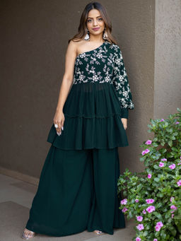 Libas - Womens Green Embroidered Sequined Kurti with Palazzo (Set of 2)