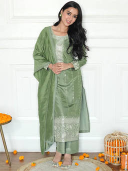Libas - Women Green Silk Embroidered Kurta with Pant and Dupatta (Set of 3)