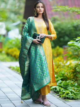 Libas - Women Yellow Silk Blend Embroidered Kurta with Pant and Dupatta (Set of 3)