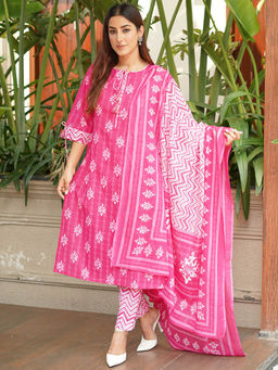 Libas - Women Pink Printed Kurta with Pant and Dupatta (Set of 3)
