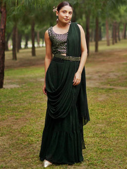 Libas - Green Georgette Embroidered Blouse and Sharara with Belt and Attached Pallu (Set of 2)