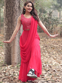 Libas - Pink Georgette Embroidered Blouse and Sharara with Belt and Attached Pallu (Set of 2)
