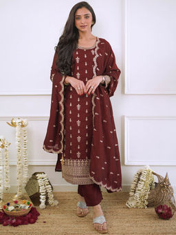 Libas - Maroon Embroidered Embellished Sequined Kurta with Pant and Dupatta (Set of 3)