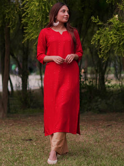 Libas - Red Viscose Rayon Sequins Detail Straight Kurta