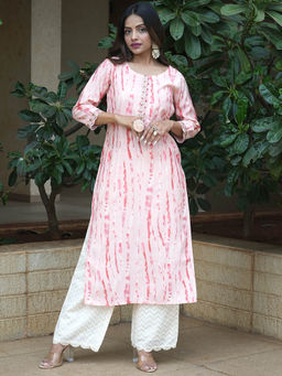 Libas - Peach Silk Blend Scalloped Lace Detail Straight Kurta