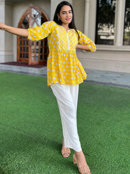 Libas - Yellow Floral Printed with Lace Detail Kurti