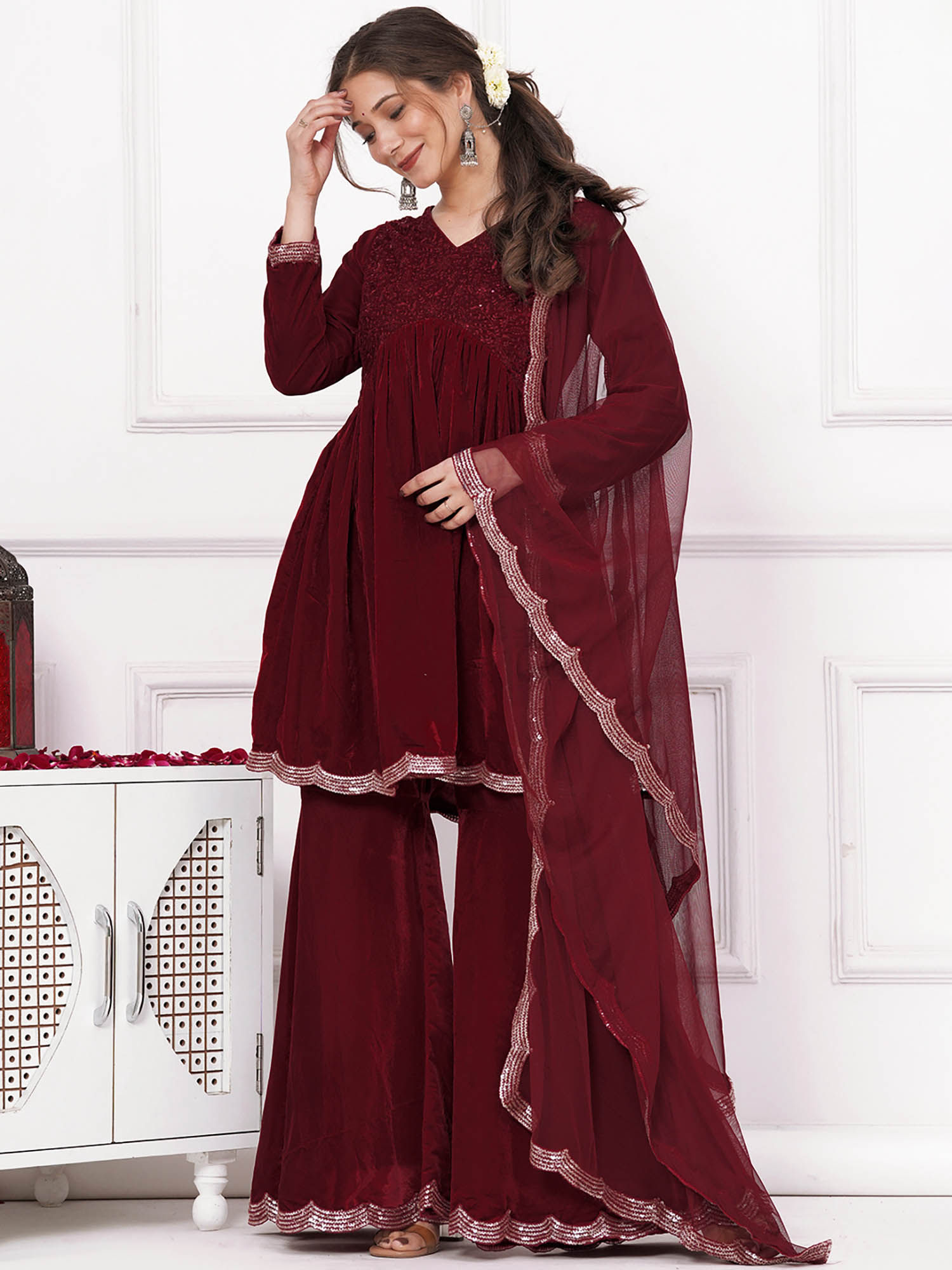 Buy Libas Maroon Velvet One Sided Pocket Kurti with Velvet Sharara