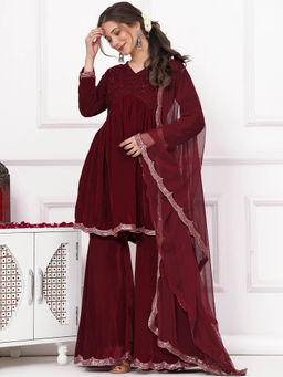 Libas - Maroon Velvet One Sided Pocket Kurti with Velvet Sharara and Net Dupatta (Set of 3)