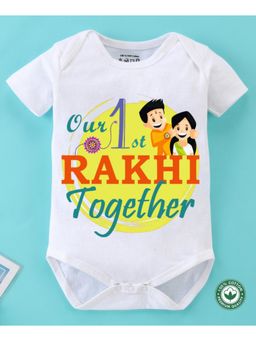 BLUSHES - White Cotton Printed Our 1st Rakhi Together Onesie