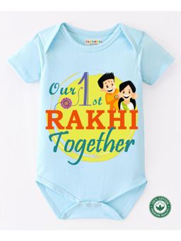 BLUSHES - Powder Blue Cotton Printed Our 1st Rakhi Together Onesie