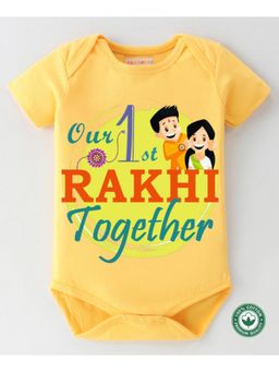 BLUSHES - Yellow Cotton Printed Our 1st Rakhi Together Onesie