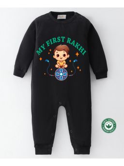 BLUSHES - Black Cotton Knit My First Rakhi Printed Romper