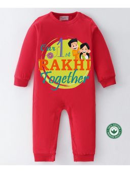 BLUSHES - Red Cotton Knit Our 1st Rakhi Together Printed Romper