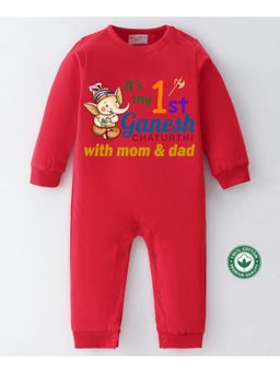 BLUSHES - Red Cotton Knit Full Sleeve Its My 1st Ganesh Chaturthi Printed Romper