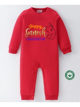 BLUSHES - Red Cotton Knit Happy Ganesh Chaturthi Printed Romper