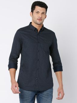 Spykar - Navy Blue Satin Full Sleeve Printed Shirt for Men