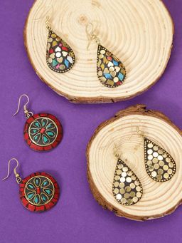 Yellow Chimes - Set of 3 Gold-Toned and Blue Teardrop Shaped Drop Earrings