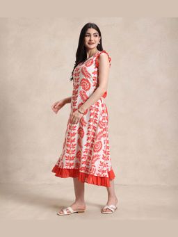 Sarvaa by Kriti - Orange Floral Printed Midi Dress
