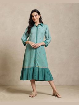 Sarvaa by Kriti - Teal The Niya Ombre Embroidered Midi Shirt Dress