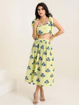 Bakhiya Jaipur - Green Flora Printed Crop Top with Skirt