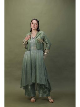 ASHNA VASWANI - Sage Green High-Low Kurta With Bustier & Pant Jacket