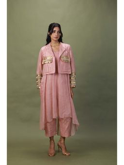 ASHNA VASWANI - Salmon Pink High-Low Kurta With Bustier & Pant Jacket