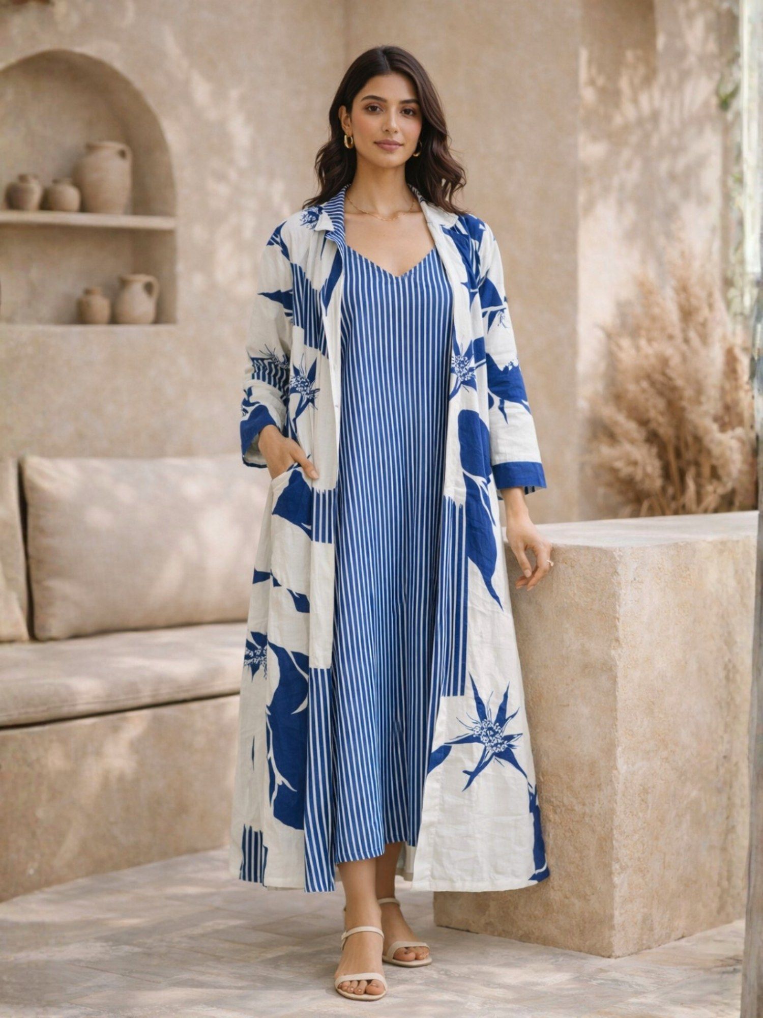 Blue Floral Regular Dress and Robe-image-5