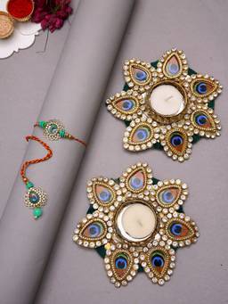 AAPNO RAJASTHAN - Bhaiya Bhabhi Rakhi Gift Hamper With Kundan Peacock Tealight Candle Holders