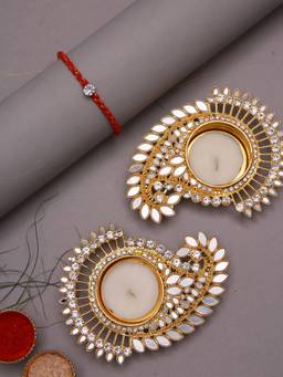 AAPNO RAJASTHAN - Elegant Gift Hamper With Minimal American Diamond Rakhi And Kundan Tealight Set