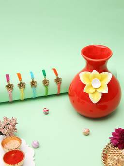 AAPNO RAJASTHAN - Ethnic Set Of 5 Bhaiya Rakhi Combo With Ceramic Flower Vase For Festive Gifting