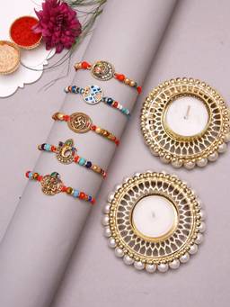 AAPNO RAJASTHAN - Traditional Rakhi Gift With Set Of 5 Designer Rakhis And Pearl Decor Tealights