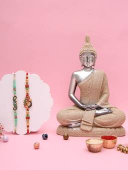AAPNO RAJASTHAN - Set Of Two Designer Rakhis In Gift Pack With Meditating Silver Buddha Decor