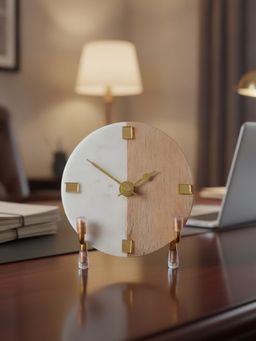 Homearte - Half Marble Wood Desk Clock With Metal Stand