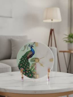 Homearte - Marble Round Peacock Desk Clock With Metal Stand