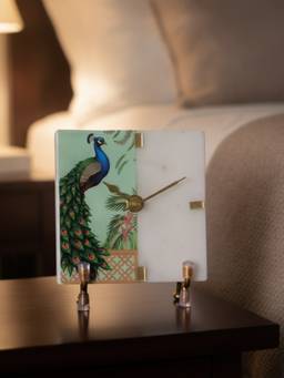 Homearte - Marble Square Peacock Desk Clock With Metal Stand