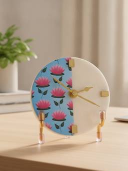 Homearte - Marble Round Pichwai Desk Clock With Metal Stand