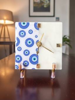 Homearte - Marble Square Evil Eye Desk Clock With Metal Stand