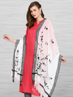 Dupatta Bazaar - Women's White Hand Painted Cotton Silk Dupatta