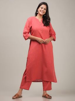 ARAMYA - Peach Soft Cotton Solid Straight Kurta for Women