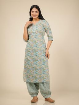 ARAMYA - Blue Soft Cotton Floral Straight Kurta for Women