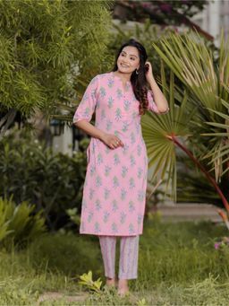 ARAMYA - Pink Soft Cotton Floral Straight Kurta for Women