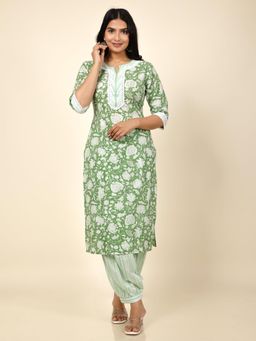 ARAMYA - Green Soft Cotton Floral Straight Kurta for Women