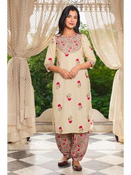 ARAMYA - Cream Soft Cotton Floral Straight Kurta for Women